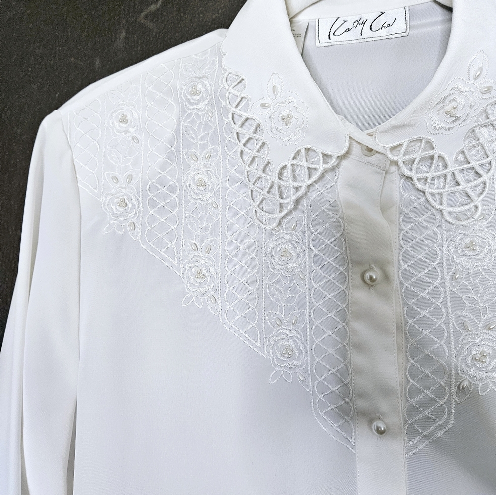 Kathy Che Vintage Button Down Embellished Long Sleeves Blouse Size 12